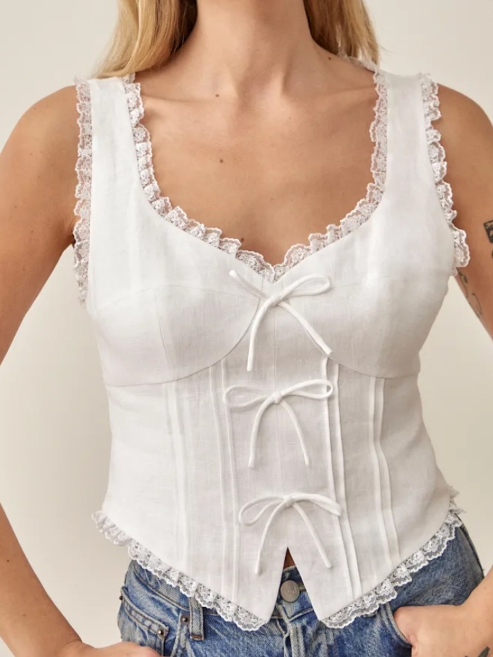 Reformation Brenda Linen Corset Top White Lace Trim Bow Cottagecore Size 10